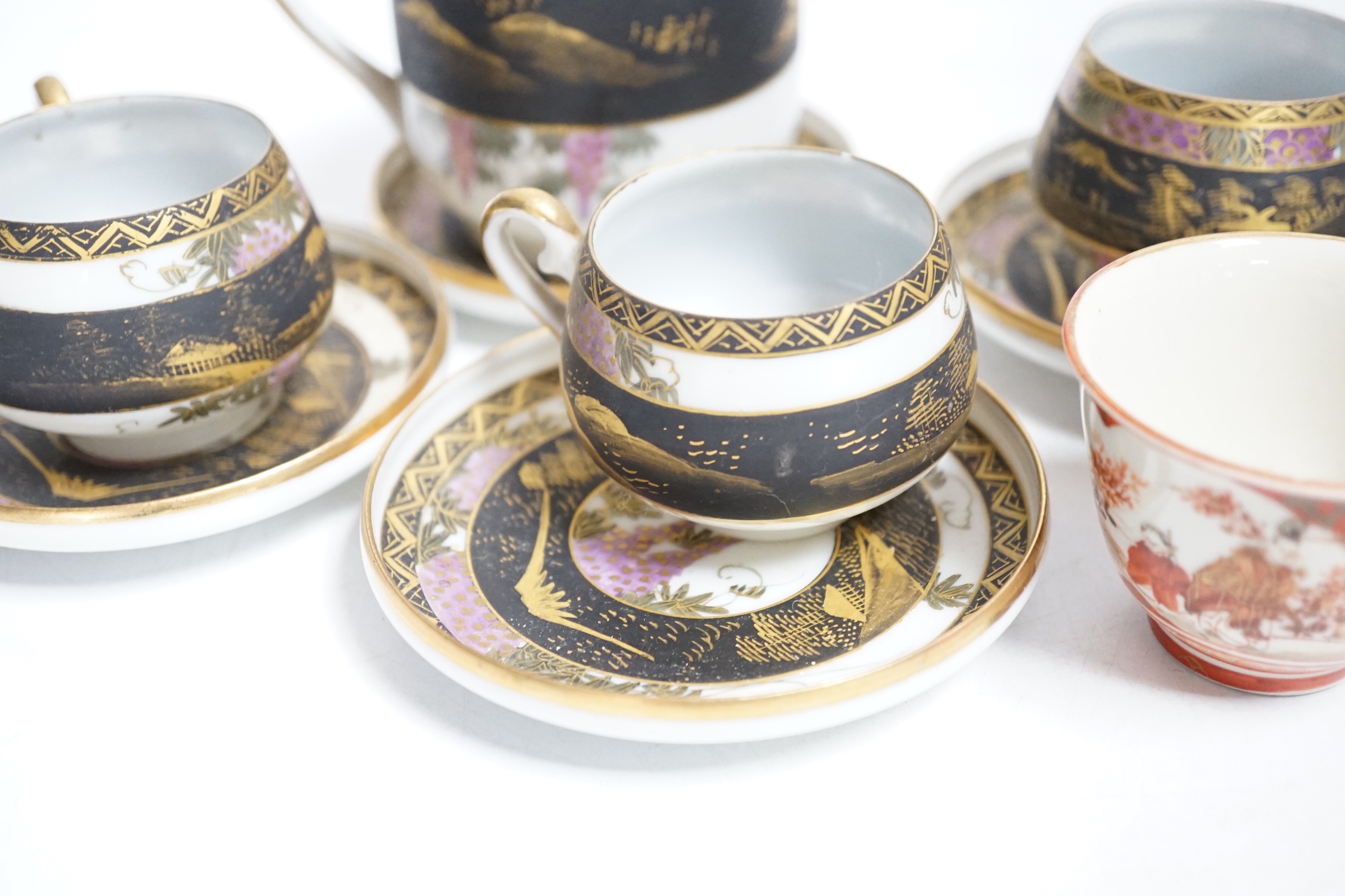 Two Japanese Kutani tea bowls, 19th century and a Japanese egg shell part tea set